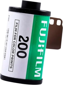 Film canister labeled '200' for color prints, with a green band and a brown tab on the side (Fujifilm).