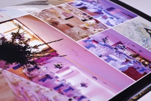 Collage of pink-toned photos showing wedding reception decor, tables, flowers, and arrangements