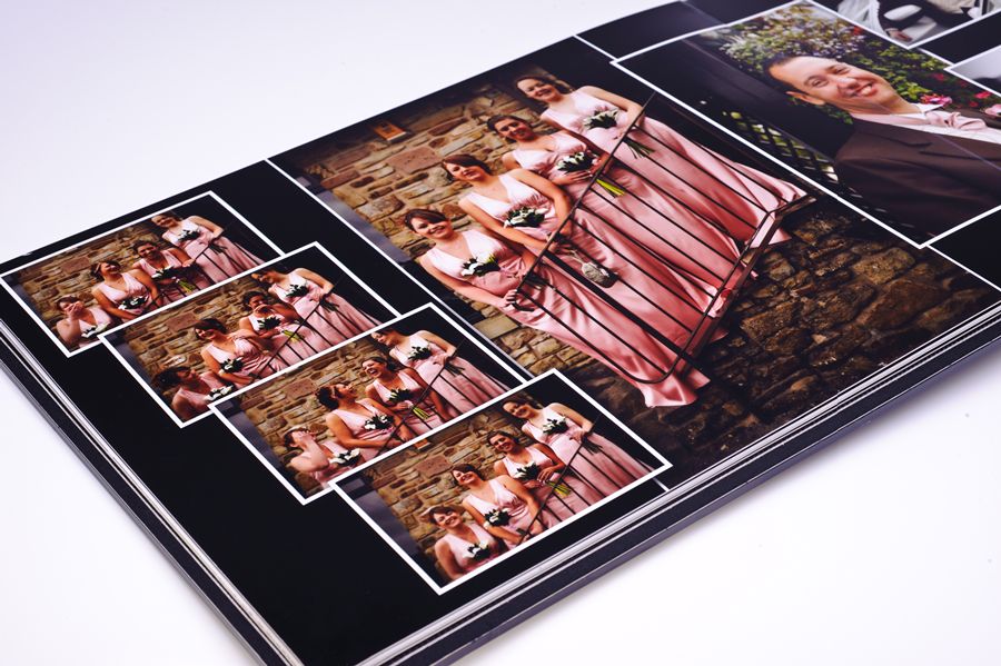 D3A_9237-copy | Weddings by Michael Photo album spread with several small wedding party pictures in pink dresses surrounding a larger central image on a stone staircase.